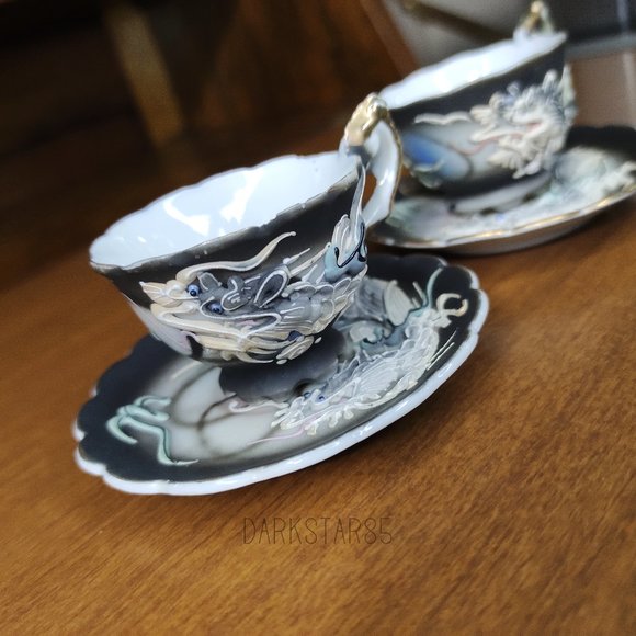 Vintage Made in Japan Moriage Black Dragonware Demitasse Teacups and Saucers - Picture 2 of 14